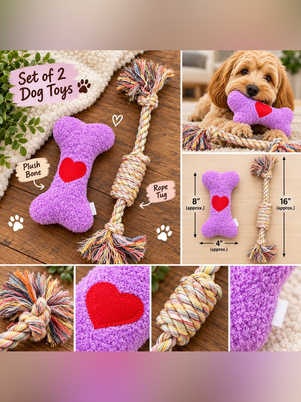 Dog Toy Set of 2 Purple Plush Bone + Multicolor Rope Tug NWT